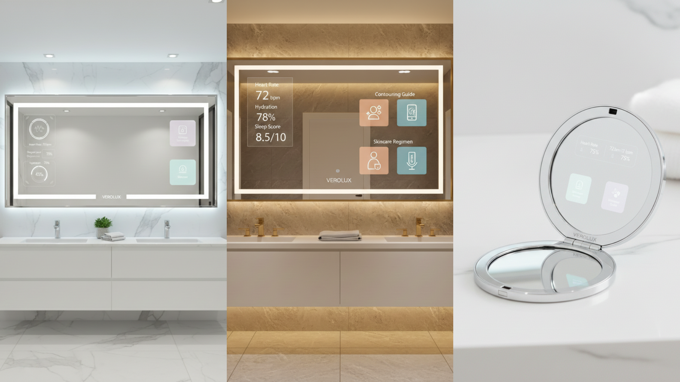 A high-tech smart bathroom mirror by VeroLux showing skin analysis and health stats.